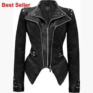 Faux Leather Biker Jacket with Rivet Lapel and Swallow Tail Hem